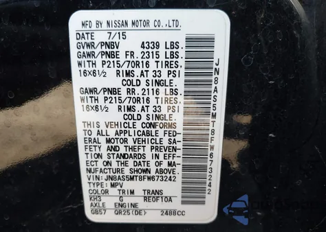 2015 Nissan Rogue Select S from USA, damaged, VIN JN8AS5MT8FW673242